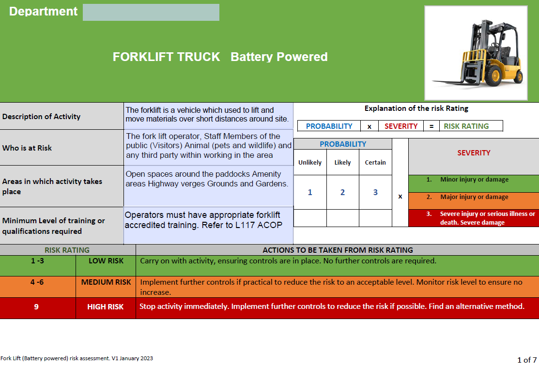 Forklift (battery operated) - Risk Assesment